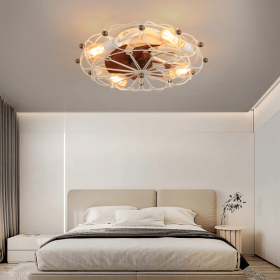 Low Profile Cage Ceiling Fan With Light Remote Control, Built-in Modern Industrial Ceiling Fan Unavailable Platforms- Temu (Option: white)